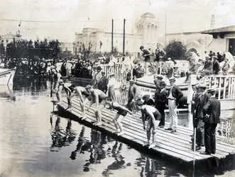 Start of the 100 Yard Swimming Dash, Championship Heat, Zoltan Holoway of Hungary (extreme left), winner at the 1904 Olympics